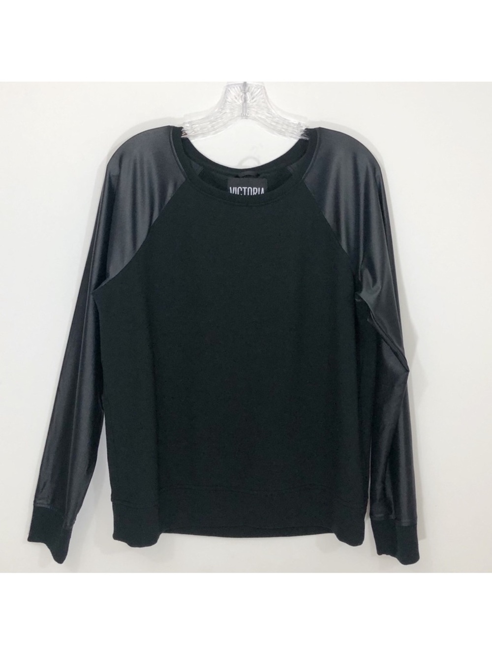 Victoria's Secret Sport Black Pullover with Faux-Leather Sleeves - Size M